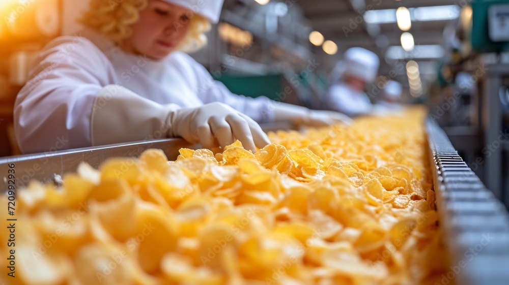 A food industry plant's production line for potato chips. snack machine filling stations,
