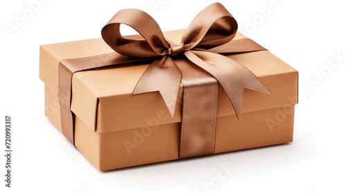 Gift box with brown ribbon bow isolated on white background with clipping path Generative AI