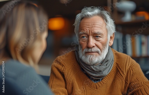 An elderly guy and a melancholy psychologist converse in an office therapy session.