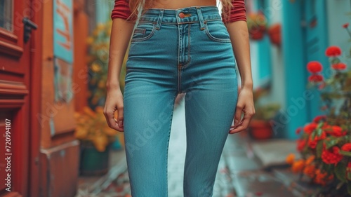 On a dark background, a young woman wearing slender jeans photo