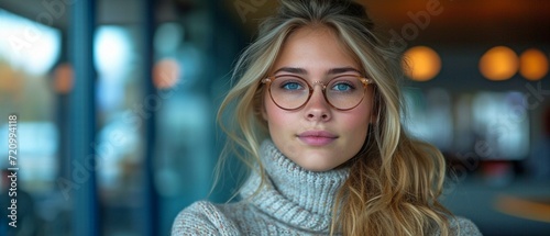 This young woman is trying on spectacles in an optical store.