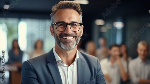 Portrait of a smiling mature businessman wearing eyeglasses in office Generative AI © Alex