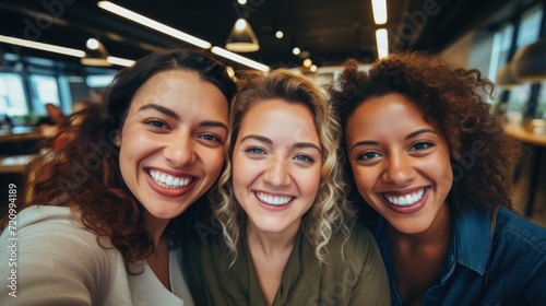 Portrait of a group of smiling young women in a cafe. Generative AI © Alex