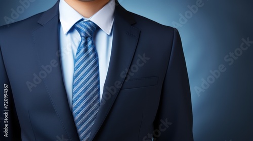 Businessman in blue suit with necktie on blue background, closeup Generative AI