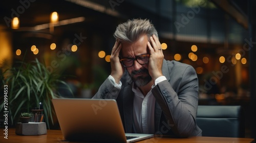 Stressed businessman sitting at a table in a cafe with a laptop. Generative AI