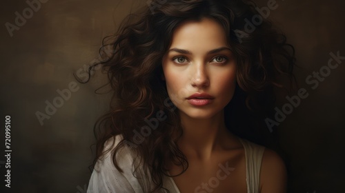 Beautiful young woman with long curly hair. Portrait of a girl. Generative AI © Alex