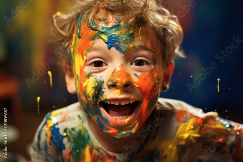 Young Boy with Silly Excited Expression Engaged in Painting AI Generated