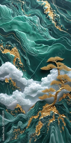 Landscape forest range with white mineral marble textures. Gold and jade tones