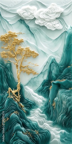 Landscape forest range with white mineral marble textures. Gold and jade tones