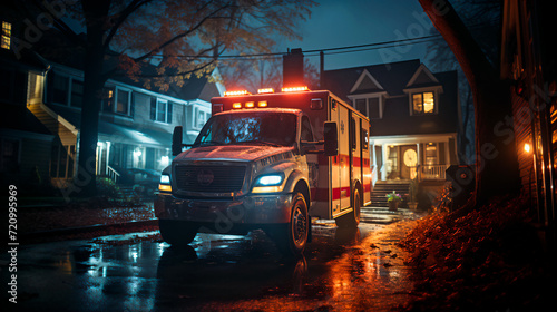 Ambulance outside a house with lights on at night. Medical emergency concept