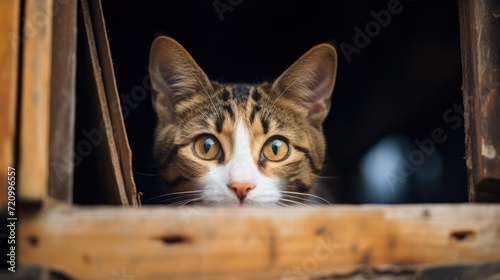Portrait of a cat looking out of the window of a wooden house Generative AI © Alex