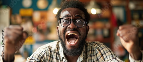 Excited African American guy in web store receives promo code, elated hipster wins online contest. photo