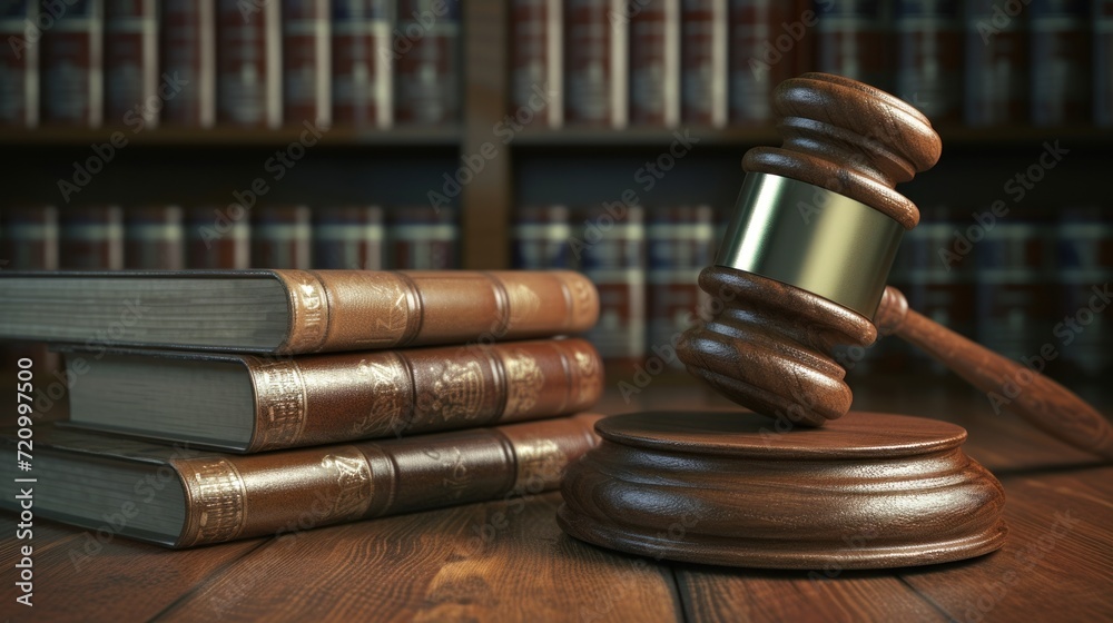 Wooden judge gavel and law books