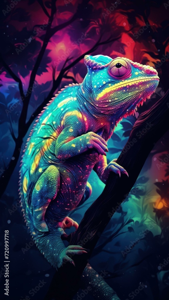 Cosmic Chameleon Glowing on Tree Branch Generative AI