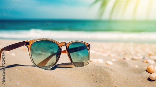 Sunglasses on sandy beach in summer - vintage color styles