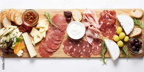 Antipasto platter with prosciutto, salami, cheese, olives and bread on wooden board isolated on white background Generative AI