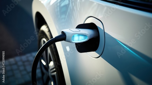 Charging an electric car with a plug in the socket. 3d render Generative AI