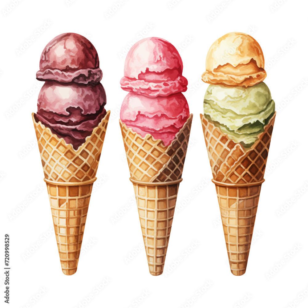 watercolor painting of scoops and waffle cone watercolor painting of scoops and waffle cone