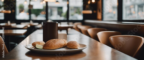 An image of a minimalist cafe with clean  uncluttered tables and a simple menu  creating a calm and inviting atmosphere.