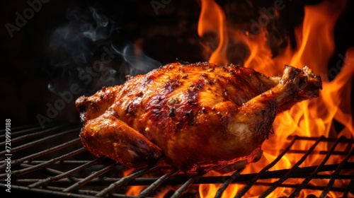 Roast chicken on the grill with flames on a black background. Generative AI