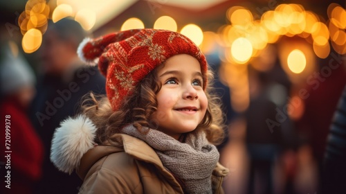 Portrait of a cute little girl on the background of Christmas market Generative AI