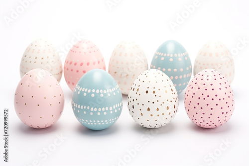 Set of pastel blue and pink easter eggs with decorative floral patterns on white