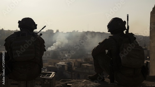Soldiers and officer with weapons amidst the ruins of the city: Post-apocalyptic scene of military presence photo
