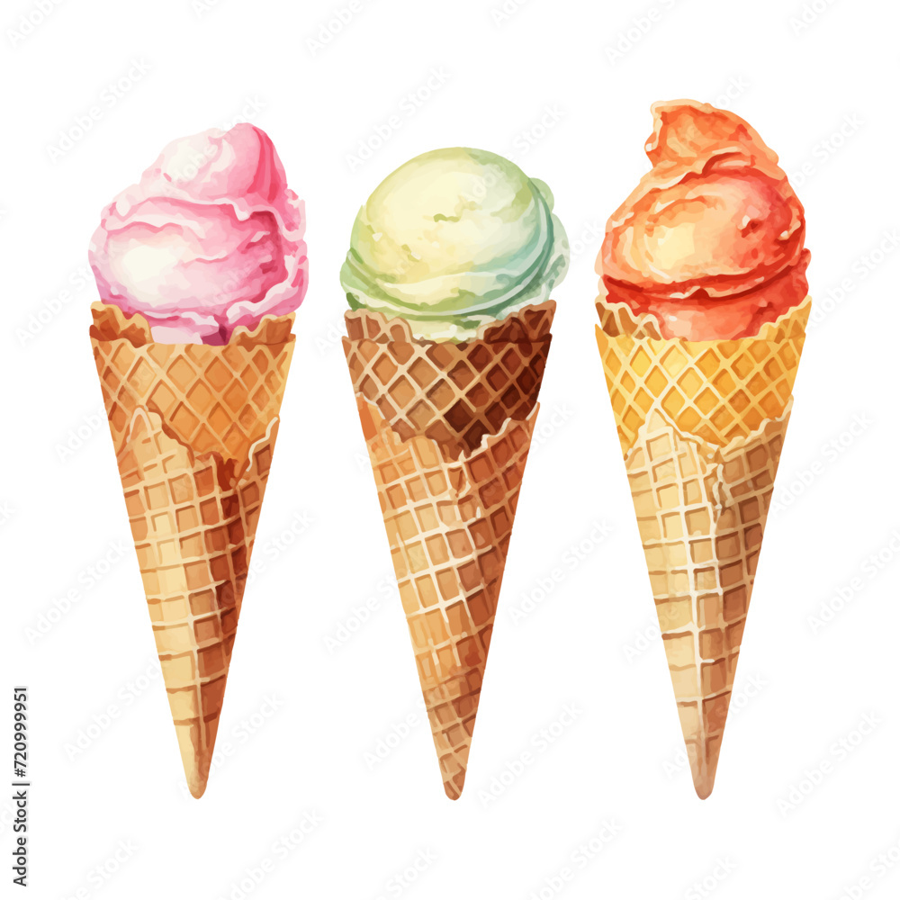 watercolor painting of scoops and waffle cone watercolor painting of scoops and waffle cone