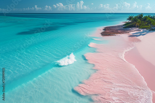 a photo of a pink sand beach and palm trees in the Bahamas, caustics, drone aerial view, gopro