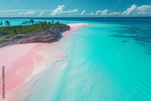 a photo of a pink sand beach and palm trees in the Bahamas, caustics, drone aerial view, gopro © 성우 양