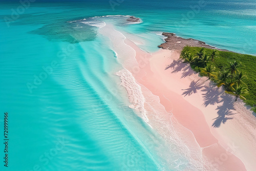 a photo of a pink sand beach and palm trees in the Bahamas, caustics, drone aerial view, gopro