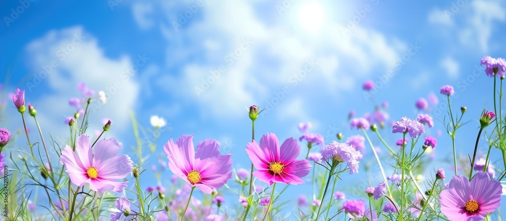 The blooming flowers are beautiful, surrounded by nature, with an open sky and bright sun.