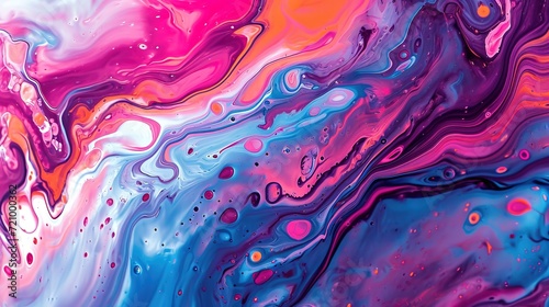 Liquid swirl combination of paint in pink, orange and blue colors. Abstract background