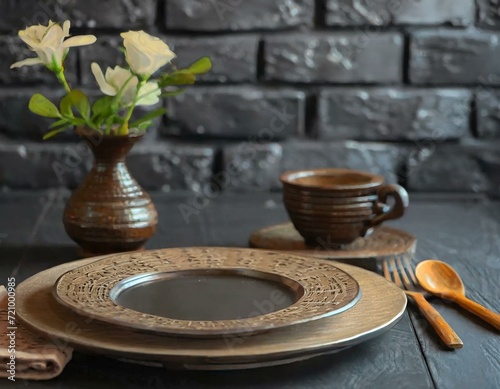 Vintage wooden carved figure on an empty black table in a restaurant against a black brick wall. Exclusive decorative plate top view. Table for VIP guests