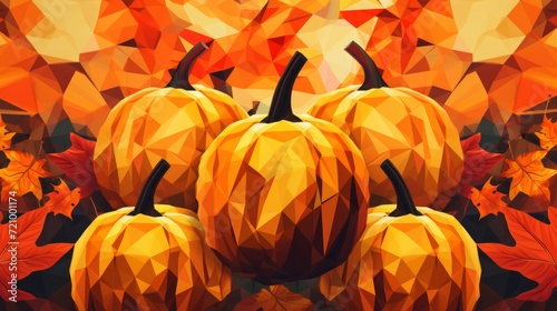 Abstract design of geometric pumpkins amidst vibrant autumn leaves, symbolizing fall celebrations. photo