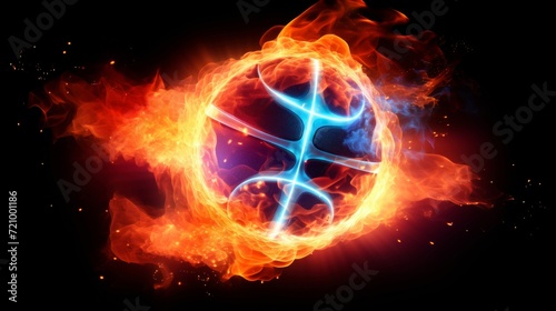 A digital illustration of a basketball engulfed in realistic flames, implying motion and energy.