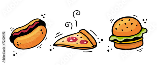 Hand drawn fast food icons Hot dog, Hamburger, Pizza. Sketch of snack elements isolated on white background. Fast food illustration in doodle style. Fast food collection.