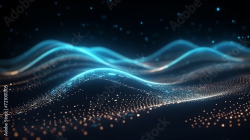 Digital illustration of abstract blue waves flowing through a particle field, symbolizing connectivity.