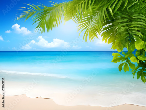 Summer Background with Ocean Waves and Beach with Copy Space for Text. jungle exotic leaves © fahim