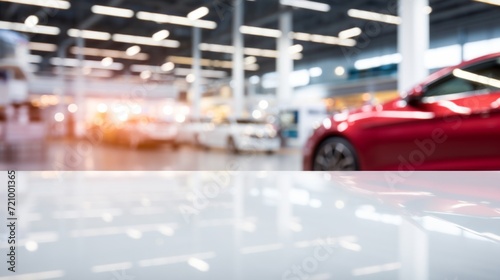 Abstract blurred background of a car showroom with a focus on the glossy reflective surface in the foreground.