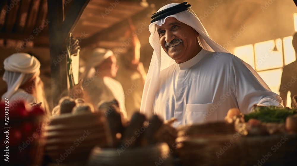 Elderly Emirati man in traditional attire enjoys a bustling marketplace. Elderly Emirati man in traditional attire enjoys a bustling marketplace.