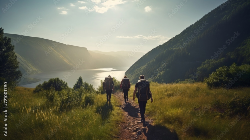 Obraz premium Group of hikers with backpacks trekking along a scenic path toward a serene mountain lake during golden hour.