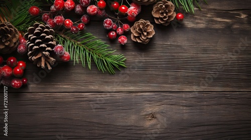 Christmas background with fir branches, cones and berries on old wooden board Generative AI