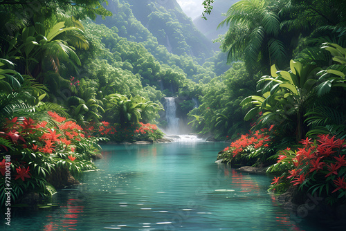 A vibrant tropical rainforest with an invigorating river flowing through. Created with generative AI.
