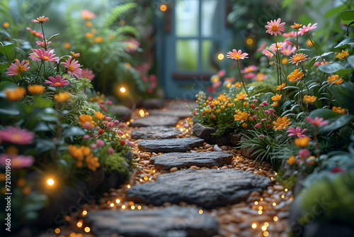 A enchanting fairy garden with miniature plants and sparkling lights. Created with generative AI.