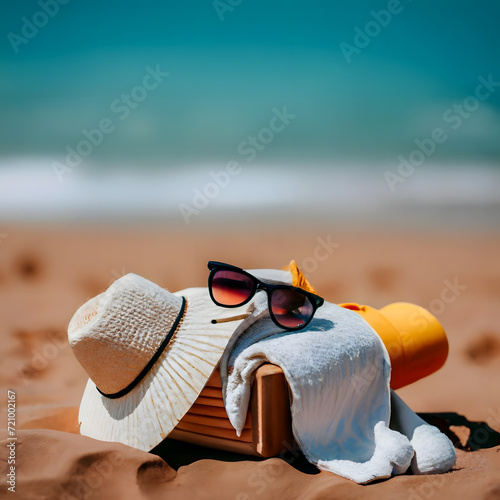 Summer background, concept beach vacation, sunny sand beach with summer cap, sunglass and towel, summer beach background