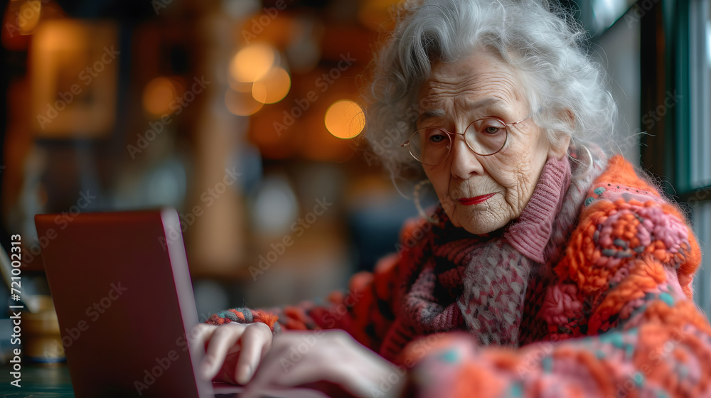 Elderly woman using laptop in a cozy room, showcasing technology use across generations. Elderly woman using laptop in a cozy room, showcasing technology use across generations.