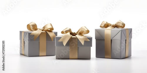 Three gray gift boxes and a gold ribbon on white background, birthday © intan