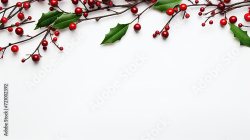 Christmas background with holly branches and red berries isolated on white background Generative AI