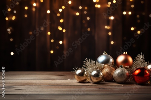 Festive Christmas Decorations and Lighted Tree on Old Wood Table AI Generated